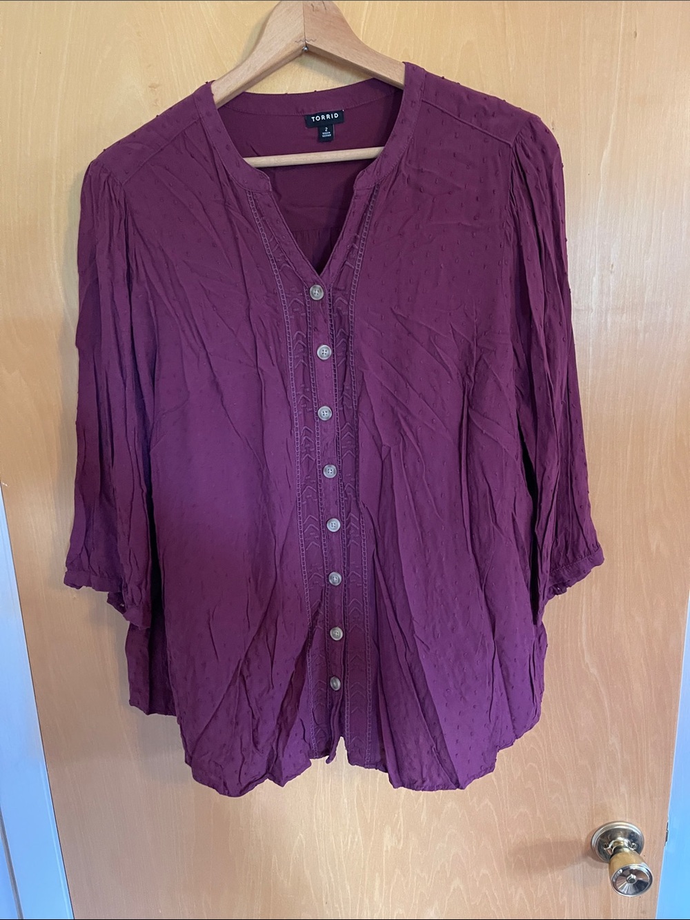 Torrid Wine/Burgundy button down Swiss dot blouse with embroidery